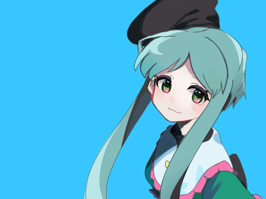 1girl, :3, amadare_rak, bib_collar, black_hat, blue_background, blush, collar