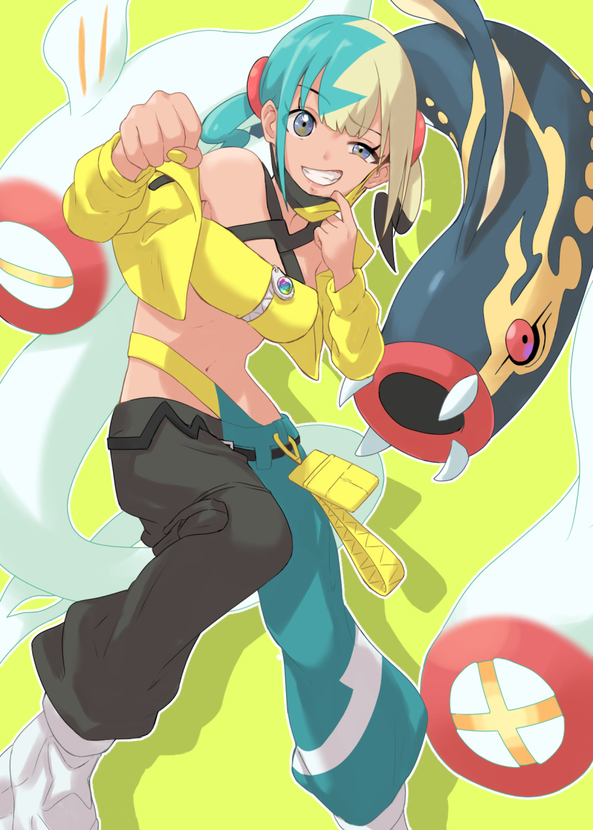 1girl, aqua_hair, bandeau, belt, black_belt, blonde_hair, breasts, canari_(pokemon)