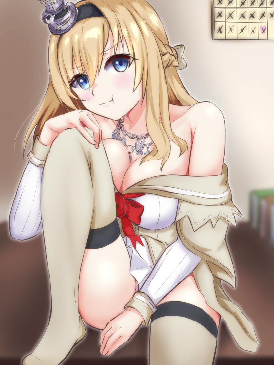 1girl, blonde_hair, braid, breasts, calendar_(object), cleavage, commentary_request, convenient_arm, crown, dress, flower, half_up_braid, highres, jewelry, kantai_collection, medium_breasts, mini_crown, necklace, off-shoulder_dress, off_shoulder, pout, red_flower, red_rose, ribo=masu, rose, sitting, solo, thighhighs, warspite_(kancolle), white_dress, white_thighhighs