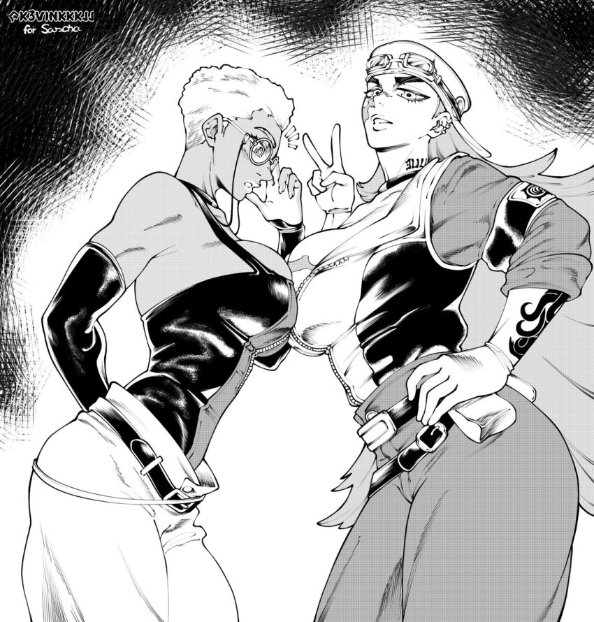 2girls, blurry, breasts, cleavage, depth_of_field, gachiakuta, glasses, goggles