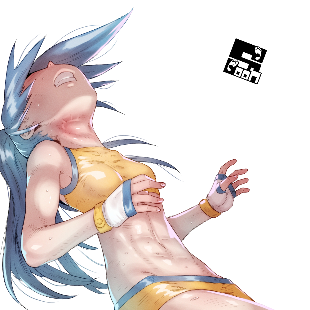1girl, abs, battle_girl_(pokemon), breasts, clenched_teeth, commentary_request, commission, fingerless_gloves
