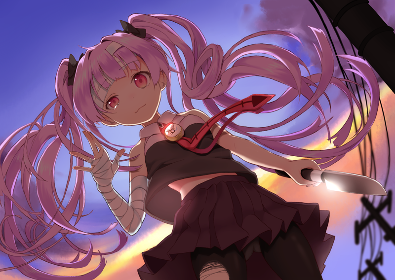 1girl, artemis_(harunoibuki), bandages, black_pantyhose, female_focus, hair_ribbon, harunoibuki, knife