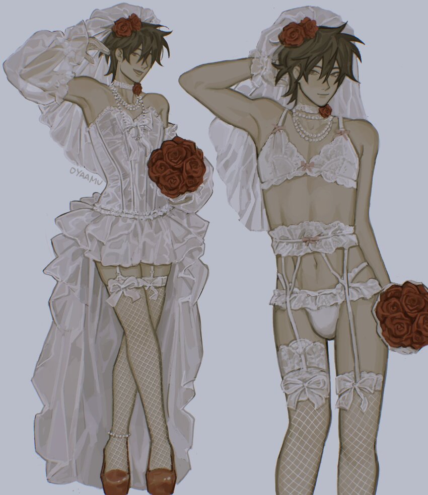 1boy, alternate_costume, anklet, arm_behind_head, arm_up, armpits, artist_name, bare_arms, bare_shoulders, bead_necklace, beads, bouquet, bow, bra, bridal_veil, bride, brown_eyes, brown_hair, cheng_xiaoshi, closed_mouth, collarbone, commentary, crossdressing, crossdressing_(mtf), crossed_legs, detached_sleeves, dress, english_commentary, fishnet_thighhighs, fishnets, flower, frilled_dress, frills, full_body, garter_belt, garter_straps, gloves, grey_background, hair_between_eyes, hair_flower, hair_ornament, high_heels, highres, holding, holding_bouquet, jewelry, lace, lace-trimmed_bra, lace-trimmed_panties, lace_trim, lingerie, looking_at_viewer, male_focus, multiple_views, navel, necklace, open_mouth, oyaamu, panties, parted_lips, pearl_necklace, ponytail, red_flower, red_rose, red_shoes, rose, see-through_clothes, shiguang_dailiren, shoes, short_hair, short_ponytail, simple_background, skirt, smile, standing, strapless, thighhighs, trap, twitter_username, underwear, underwear_only, veil, wedding_dress, white_bow, white_bra, white_dress, white_gloves, white_panties, white_thighhighs