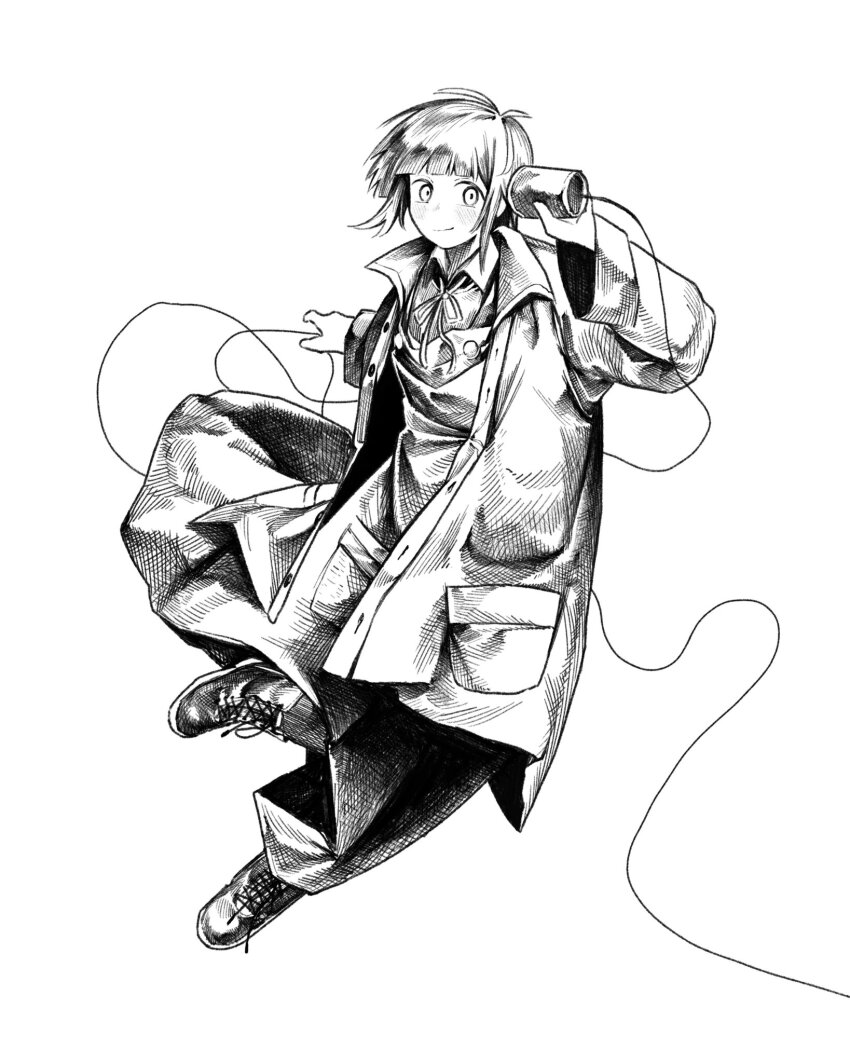 1girl, antenna_hair, apron, blunt_bangs, boots, coat, full_body, greyscale