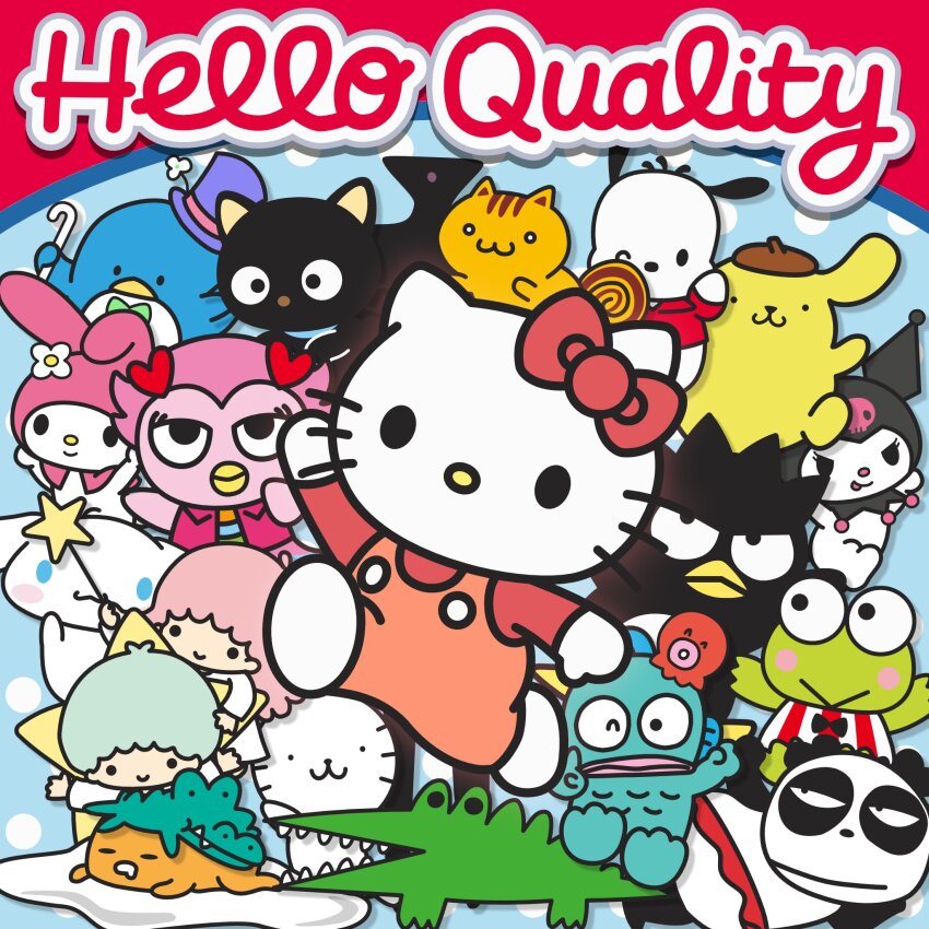 album_cover, badtz-maru, bagel_(sanrio), big_challenges_(sanrio), bow, chococat, cinnamoroll, count_cannoli_(artist), cover, crocodilian, english_text, everyone, gudetama, hair_bow, hana-maru_(sanrio), hangyodon, hasunoue_keroppi, hello_kitty, hello_kitty_(character), highres, kero_kero_keroppi, kiki_(little_twin_stars), kuromi, lala_(little_twin_stars), little_twin_stars, my_melody, my_melody_(series), odd_one_out, orange_overalls, overalls, pandaba_(sanrio), pochacco, pochi_(sanrio), pompompurin, red_shirt, sanrio, shirt, siivagunner, the_voice_inside_your_head, tsunko_(sanrio), tuxedo_sam