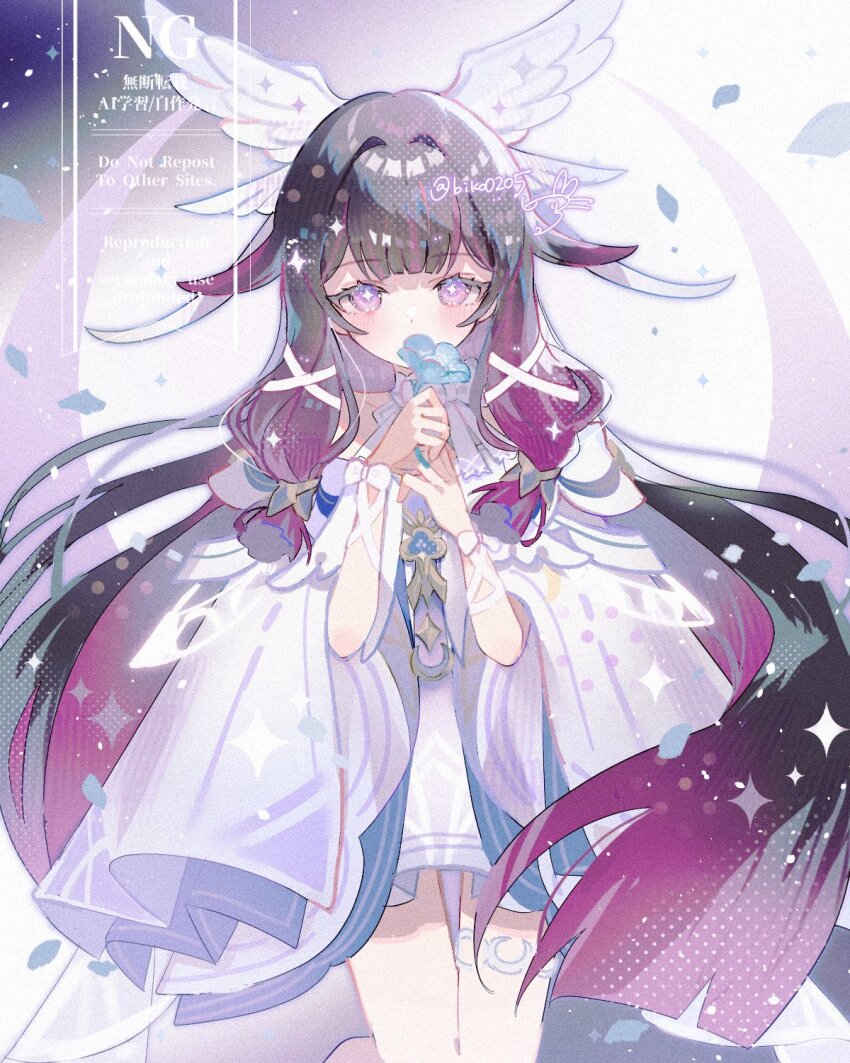 1girl, biko0205, blue_flower, choker, collarbone, columbina_(genshin_impact), commentary_request, dress