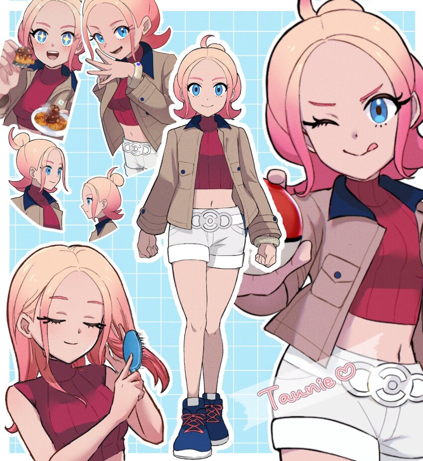 +_+, 1girl, ;p, belt, blonde_hair, blue_background, blue_eyes, blue_shoes