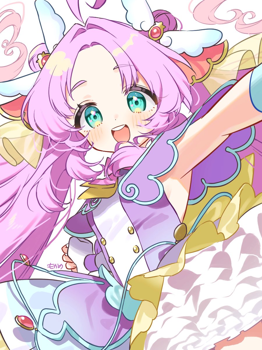 1girl, :d, ahoge, akechi_anna, blush, commentary_request, cure_answer, dot_nose