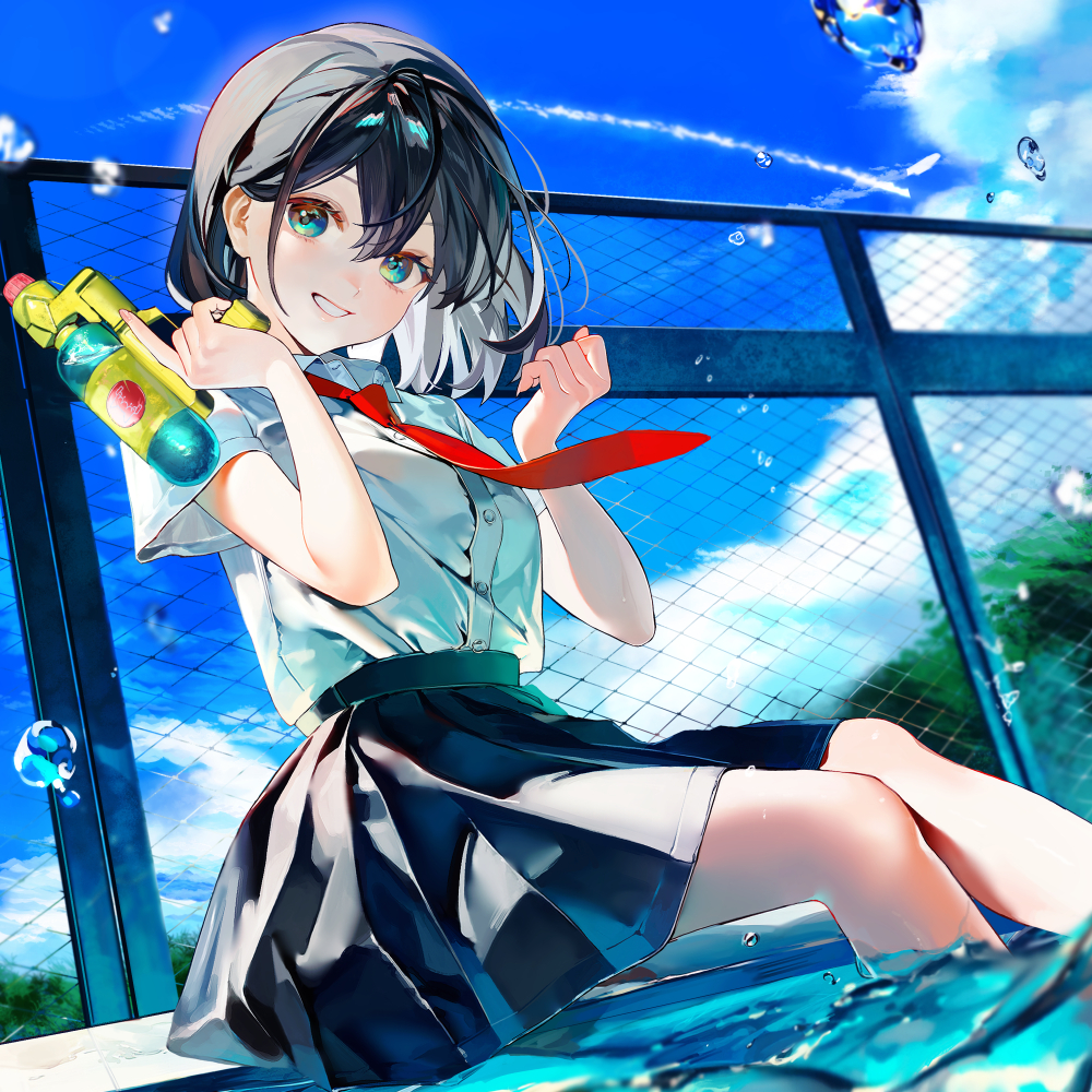 1girl, black_hair, black_skirt, blue_sky, chain-link_fence, cloud, cloudy_sky, collared_shirt