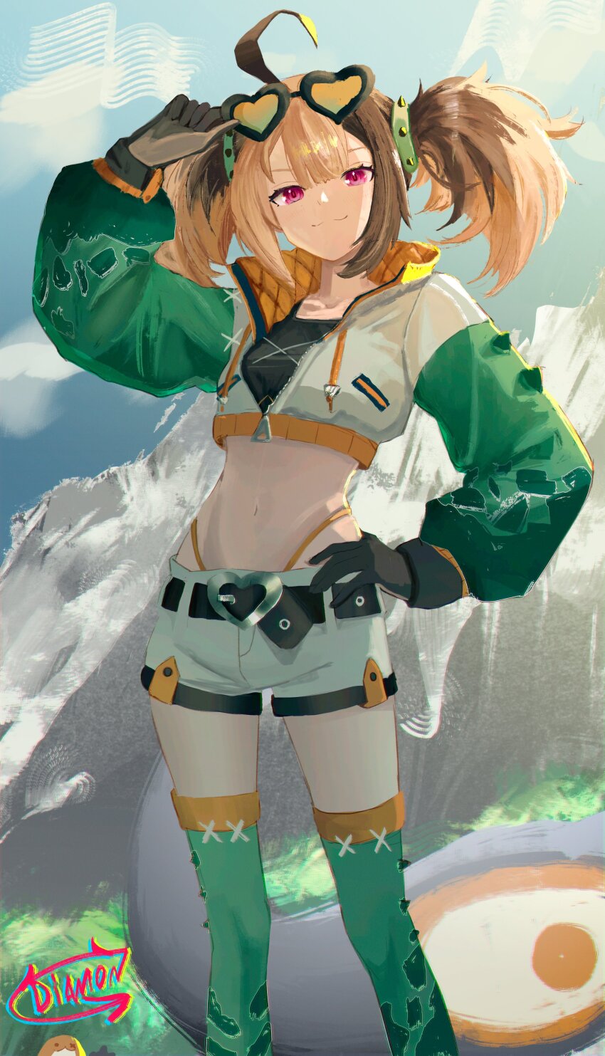 1girl, absurdres, ahoge, belt, black_belt, black_gloves, brown_hair, buckle