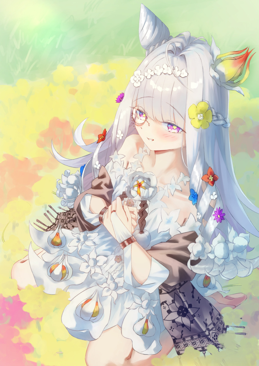 1girl, absurdres, bare_shoulders, blue_flower, bridal_gauntlets, commentary_request, cone_hair_bun, dress