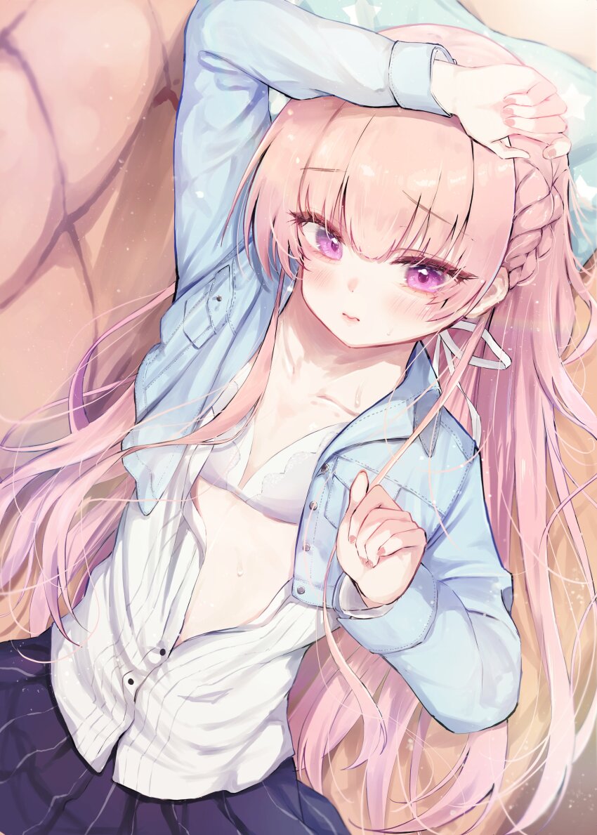 1girl, 3:, absurdres, arm_up, ashiyu0330, black_skirt, blue_jacket, blush