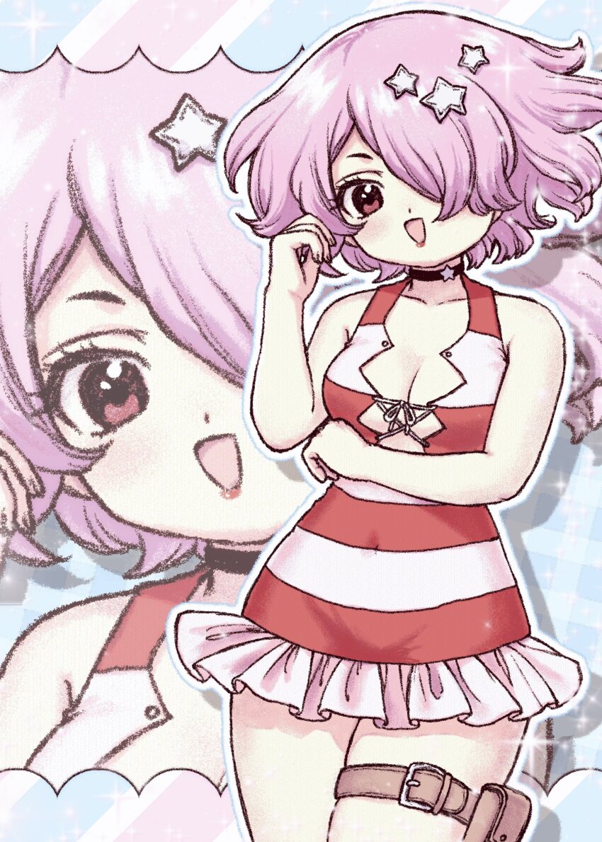 1girl, 4611_chan, absurdres, black_choker, blush, breasts, casual_one-piece_swimsuit, choker, cleavage, commentary_request, covered_navel, dr._stone, dress, hair_ornament, hair_over_one_eye, highres, looking_at_viewer, luna_wright, medium_breasts, one-piece_swimsuit, open_mouth, pink_hair, red_eyes, short_hair, smile, solo, star_(symbol), star_choker, star_hair_ornament, striped_clothes, striped_dress, swimsuit, thigh_strap, zoom_layer