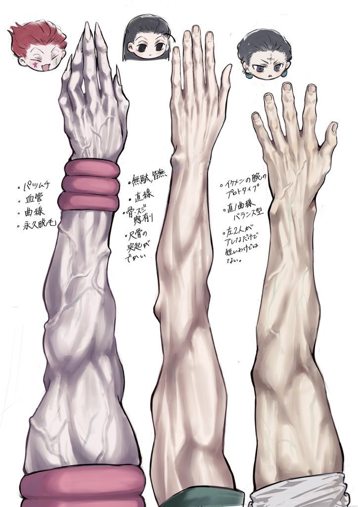 3boys, arm_focus, black_hair, chibi, chibi_inset, chrollo_lucilfer, commentary_request, comparison