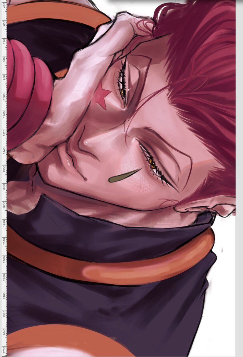 1boy, art_program_in_frame, brown_eyes, commentary_request, eyelashes, facial_mark, hands_on_own_face, highres