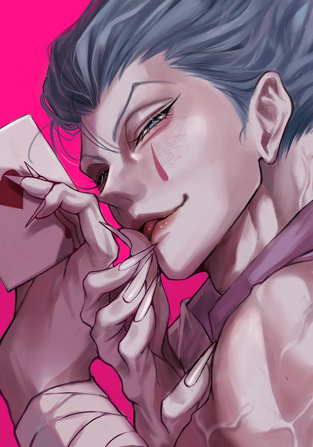 1boy, aqua_eyes, blue_hair, card, commentary_request, eyelashes, facial_mark, fingernails