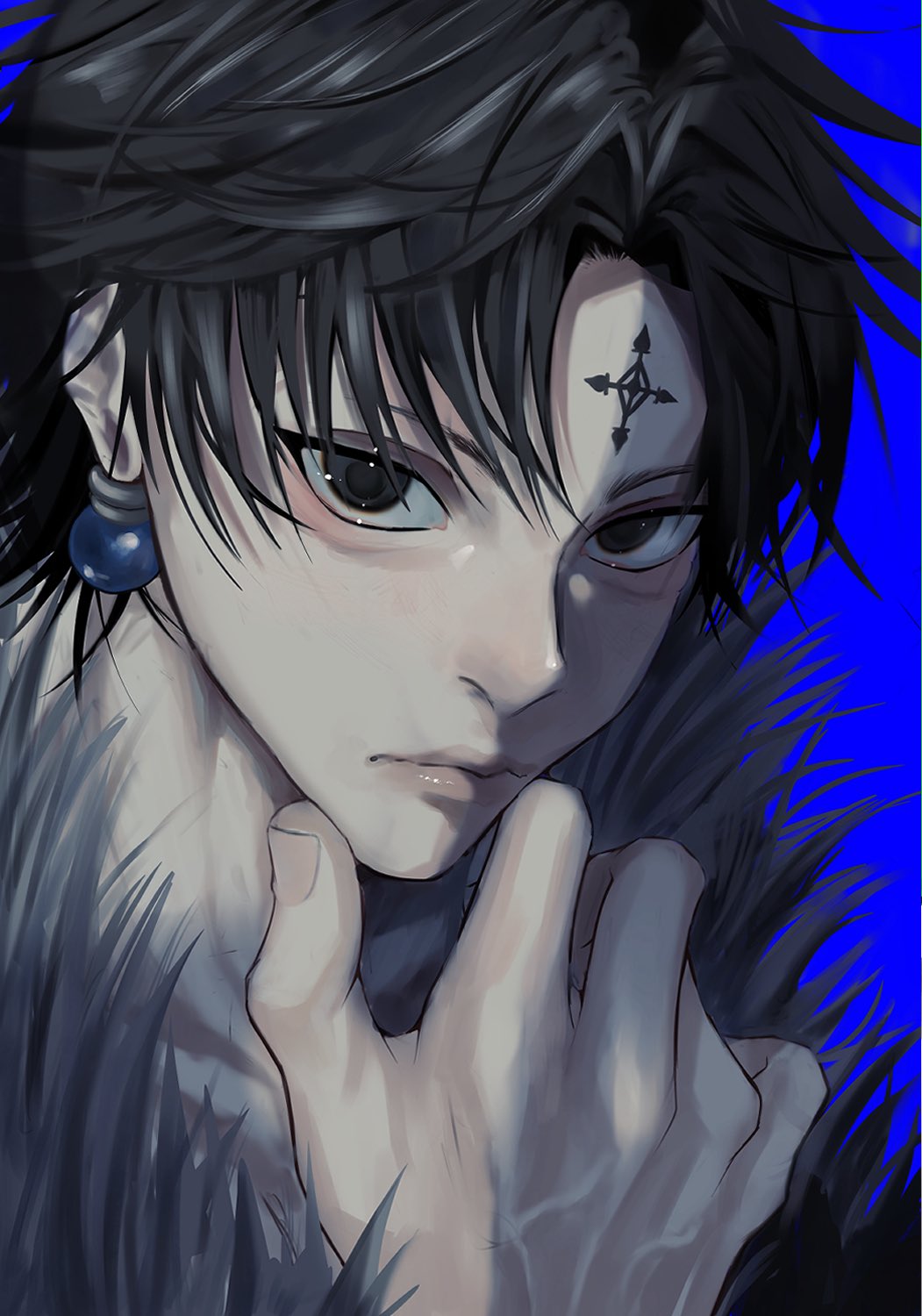 1boy, black_eyes, black_hair, blue_background, chrollo_lucilfer, closed_mouth, commentary_request, earrings