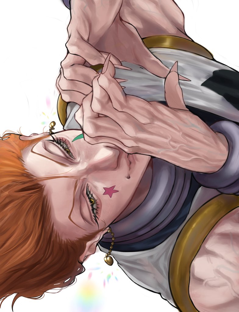 1boy, closed_mouth, commentary, earrings, facial_mark, fingernails, heart, heart_hands