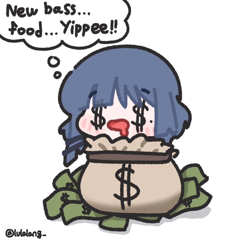 1girl, bag, banknote, blue_hair, bocchi_the_rock!, chibi, chibi_only, commentary, drooling, full_body, highres, in_bag, in_container, long_hair, lulalang, money, money-shaped_eyes, money_bag, mouth_drool, open_mouth, simple_background, solo, speech_bubble, untranslatable_commentary, thought_bubble, twitter_username, white_background, yamada_ryo