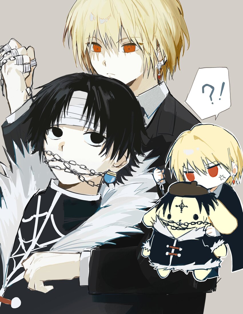 !?, 2boys, anger_vein, bandaged_head, bandages, black_eyes, black_hair, black_jacket