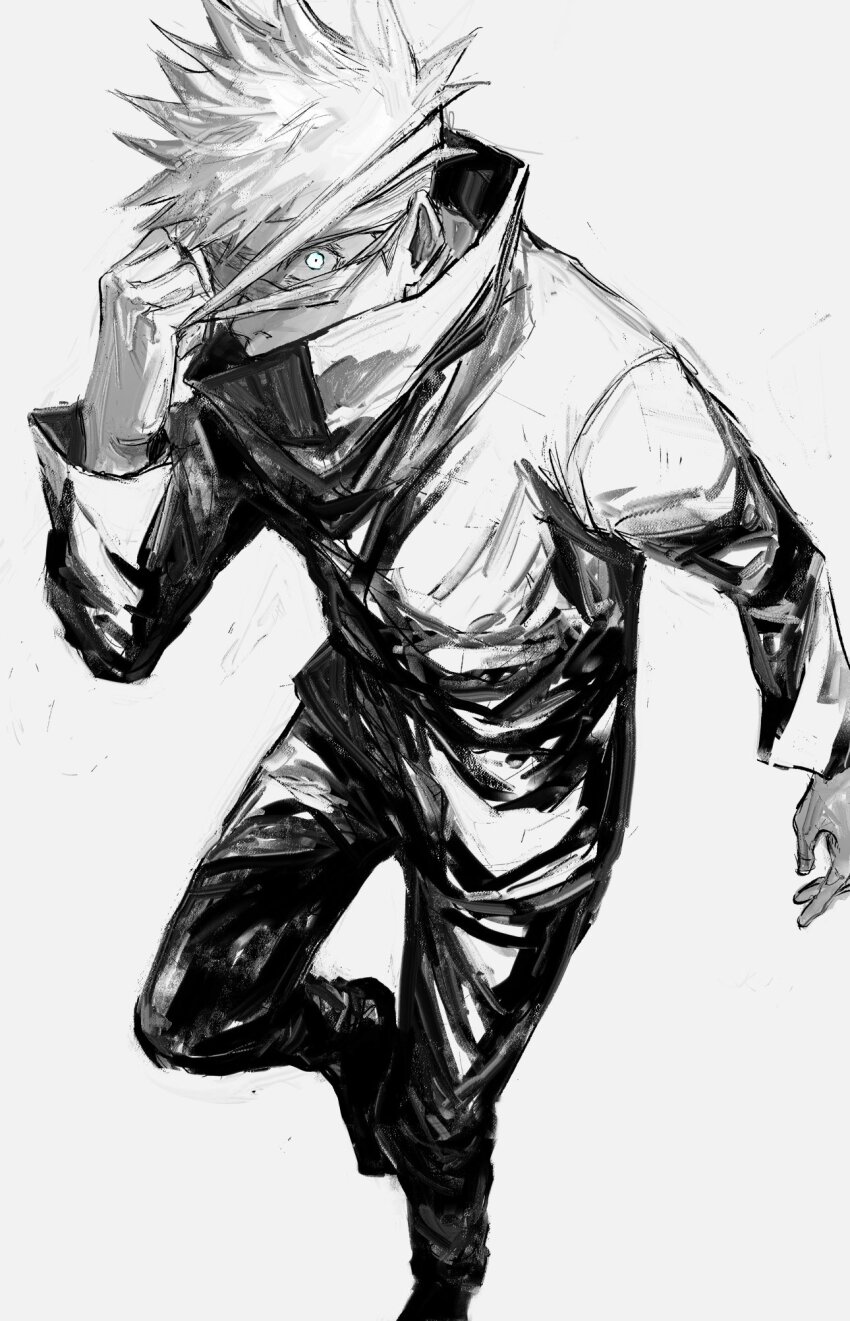 1boy, arm_up, bandage_pull, bandaged_head, bandages, collared_jacket, commentary_request, covered_mouth