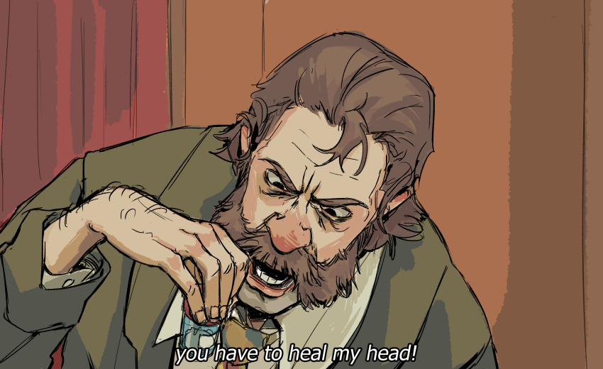 1boy, arm_hair, blazer, bottle, brown_hair, collared_shirt, disco_elysium, drugs