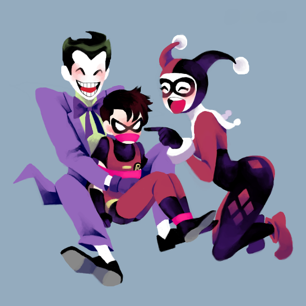 1girl, 2boys, angry, batman:_the_animated_series, batman_(series), batman_beyond:_return_of_the_joker, bdsm, bodysuit, bondage, bound, bound_ankles, dc_comics, dcau, domino_mask, eye_mask, gag, happy, harley_quinn, hug, image_sample, laughing, mana_(pixiv), mask, multiple_boys, pixiv_sample, resized, robin_(dc), the_joker, tim_drake_(dcau), yanahashi_(bacalorieta)