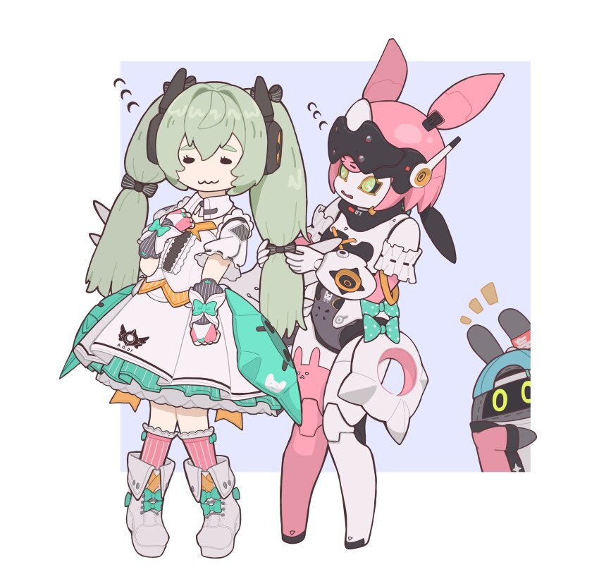 2girls, absurdres, aria_(zenless_zone_zero), aria_(zenless_zone_zero)_(cosplay), bangboo_(zenless_zone_zero), bow, commentary_request, corin_wickes, cosplay, dress, fingerless_gloves, flying_sweatdrops, full_body, gloves, green_bow, green_eyes, green_hair, hair_between_eyes, highres, humanoid_robot, kumao_max, multiple_girls, notice_lines, robot, robot_girl, shoes, simple_background, standing, twintails, tying_another's_hair, white_dress, white_shoes, zenless_zone_zero