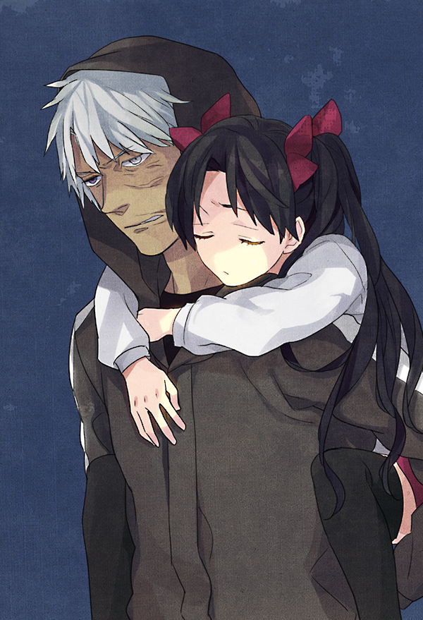 1boy, 1girl, aged_down, bad_id, bad_pixiv_id, black_thighhighs, brown_hair, carrying, child, fate/stay_night, fate/zero, fate_(series), hair_ribbon, hood, hoodie, karaage_(sweet), long_hair, matou_kariya, piggyback, ribbon, thighhighs, tohsaka_rin, tohsaka_rin_(fate/zero), twintails, white_hair