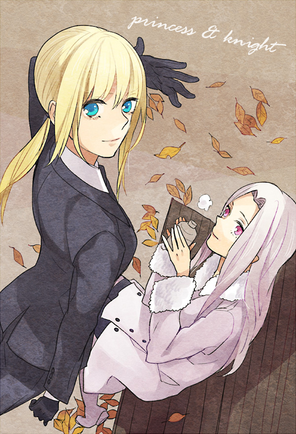 2girls, artoria_pendragon_(fate), autumn, bad_id, bad_pixiv_id, blonde_hair, blue_eyes, boots