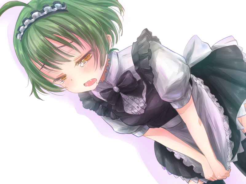 00s, 1boy, akizuki_ryo, antenna_hair, apron, bad_id, bad_pixiv_id, black_thighhighs, blush, bow, brown_eyes, clothes_pull, crossdressing, crossdressing_(mtf), green_hair, idolmaster, idolmaster_dearly_stars, kasu1192, maid, maid_apron, maid_headdress, male_focus, male_maid, open_mouth, saliva, short_hair, skirt, skirt_pull, skirt_tug, solo, tears, thighhighs, trap