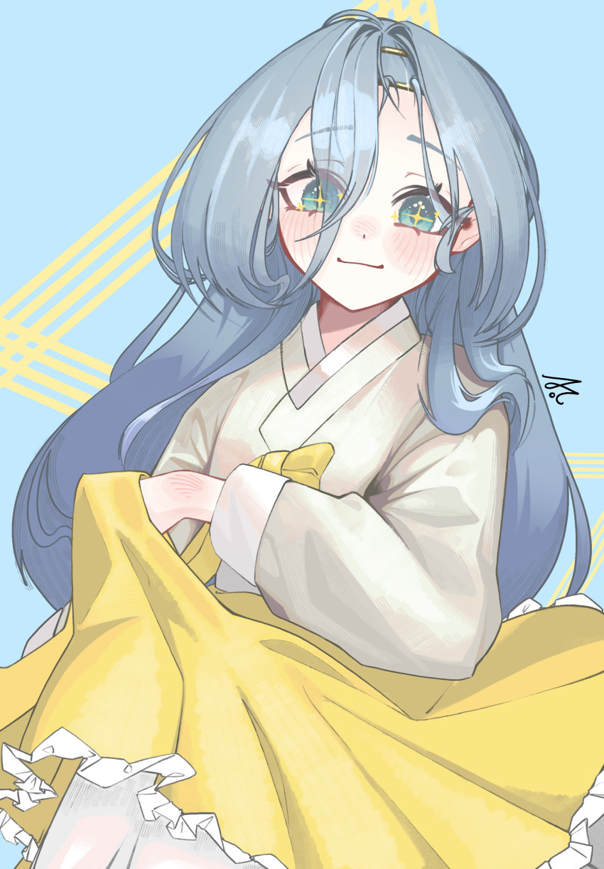 +_+, 1girl, 37_(reverse:1999), absurdres, alternate_costume, blue_background, blue_eyes, blue_hair, closed_mouth, hair_between_eyes, hanbok, highres, holding_own_skirt, korean_clothes, long_hair, looking_at_viewer, pyopyopyo08, reverse:1999, shirt, skirt, smile, solo, upper_body, white_shirt, yellow_skirt