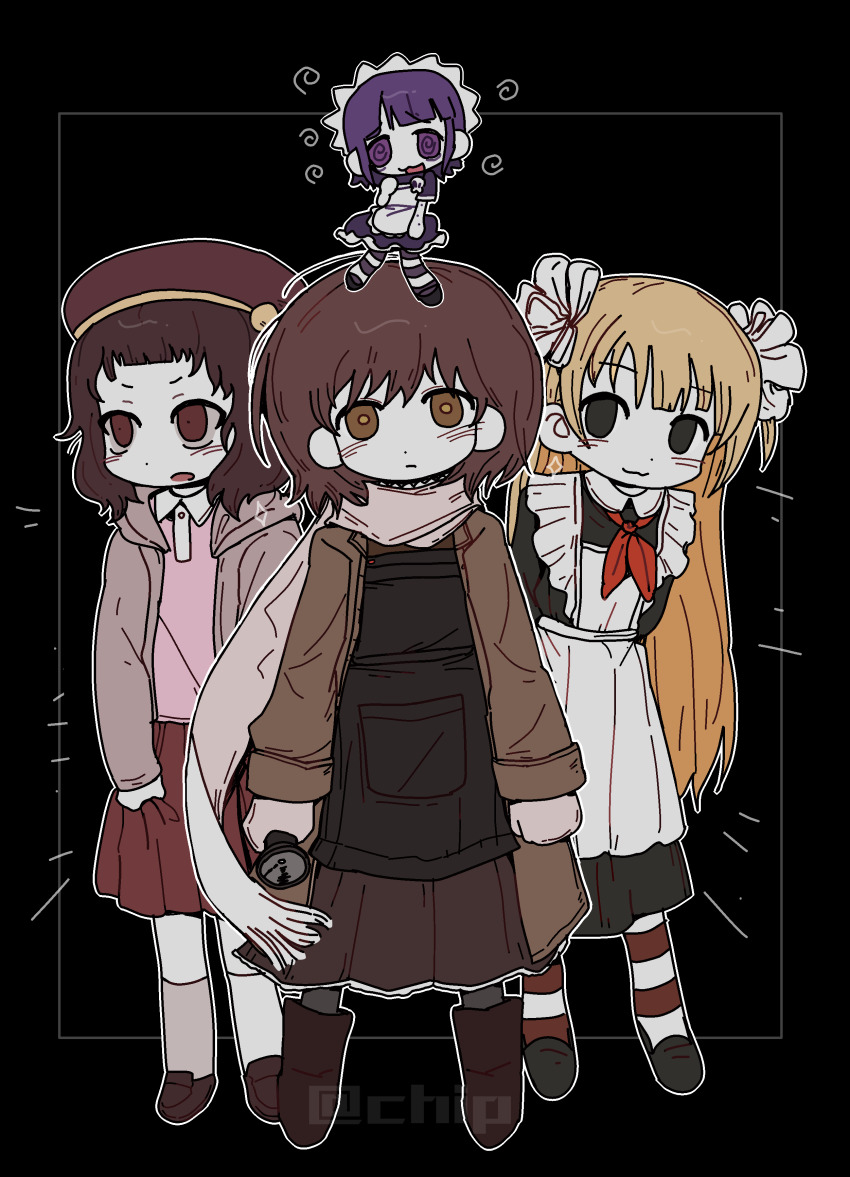 4girls, absurdres, arms_at_sides, asya_shubina, chinese_commentary, commentary_request, flashlight, flesh_blood_&amp;_concrete, futaba_channel, highres, holding, holding_flashlight, milk-chan_(milk_series), milk_inside_a_bag_of_milk_inside_a_bag_of_milk, mini_person, minigirl, miniskirt, multiple_girls, nika_(flesh_blood_&amp;_concrete), noecho, red_skirt, skirt, yakui, z.a.t.o._//_i_love_the_world_and_everything_in_it