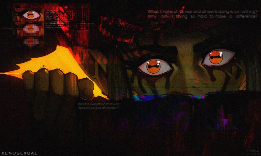 1girl, alien, black_eyeliner, cephalopod_eyes, chymlaxi, close-up, colored_skin, commentary