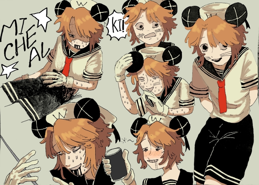 1boy, animal_ear_headwear, arms_behind_back, black_blood, black_sailor_collar, blonde_hair, blood, blood_from_mouth