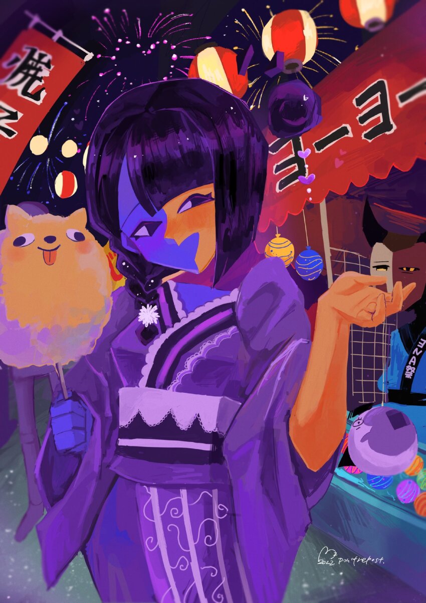 3girls, aerial_fireworks, alternate_costume, asymmetrical_hair, black_eyes, black_hair, blue_skin, blunt_bangs