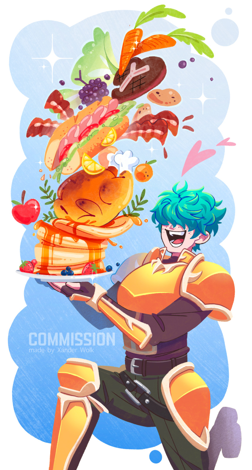 1boy, apple, bacon, carrot, chicken_(food), commission, fire_emblem, fire_emblem:_the_blazing_blade