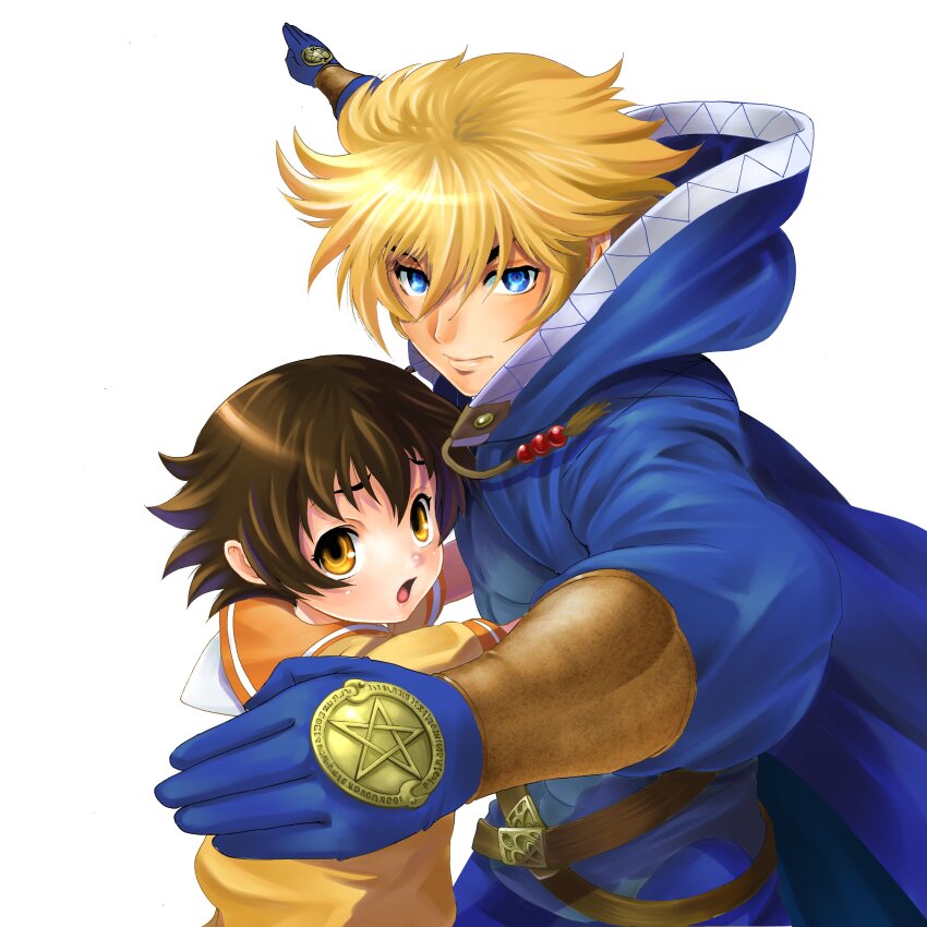 1boy, 1girl, abs, absurdres, arm_guards, belt, blonde_hair, blue_eyes