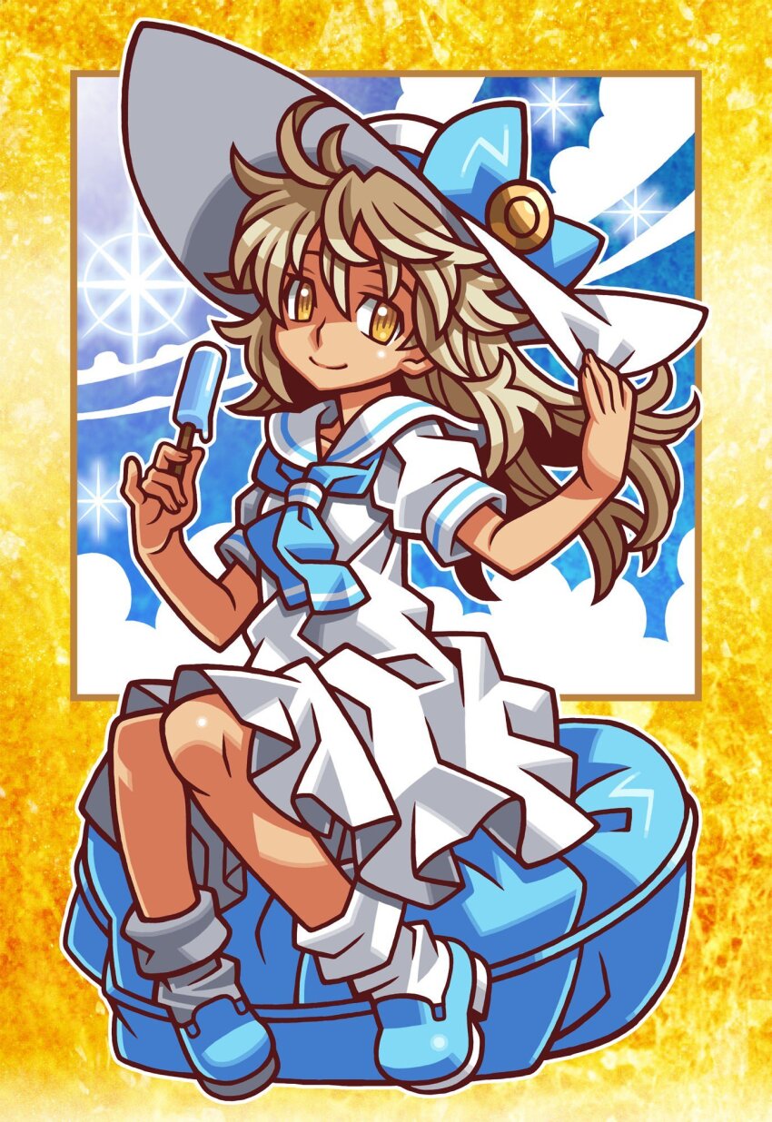1girl, blonde_hair, blue_bow, blue_neckerchief, blue_shoes, bow, closed_mouth, commentary_request, dress, food, hair_between_eyes, hand_on_headwear, harakawa_mitsuhiro, hat, hat_bow, highres, hikari_(shinrabanshou), holding, holding_food, holding_popsicle, long_hair, loose_socks, neckerchief, official_art, popsicle, sailor_collar, shinrabanshou, shoes, short_sleeves, sitting, socks, solo, sparkle, sun_hat, white_dress, white_hat, white_sailor_collar, yellow_eyes