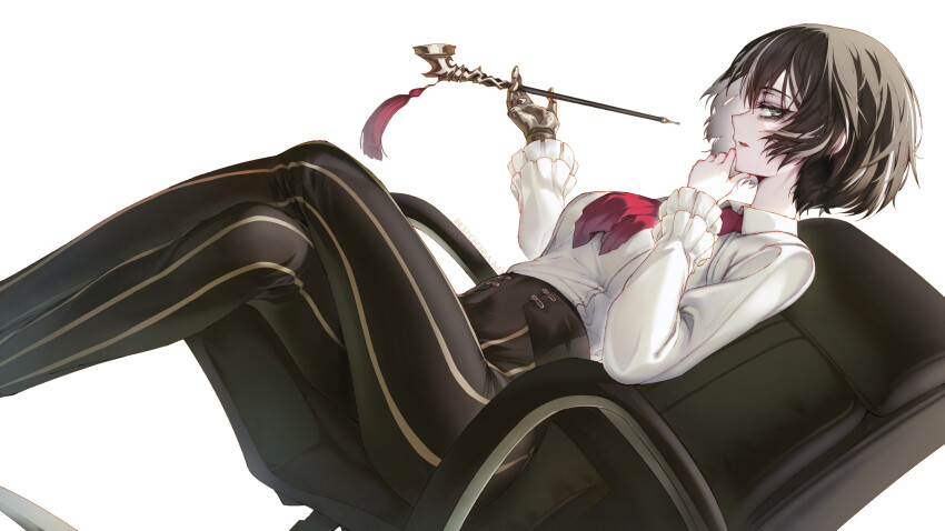 1girl, black_hair, black_pants, crossed_legs, fingers_on_chin, gloves, highres, holding, holding_smoking_pipe, long_sleeves, looking_at_viewer, moses_(project_moon), multicolored_hair, pants, project_moon, rpg_(ram), shirt, short_hair, simple_background, sitting, smoking_pipe, solo, streaked_hair, the_distortion_detective, thighs, upper_body, white_background, white_shirt