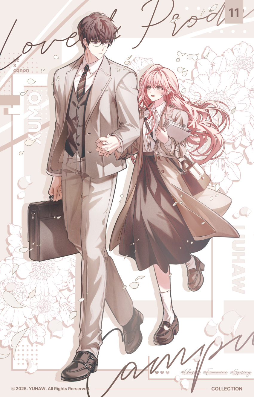 1boy, 1girl, absurdres, bag, black_skirt, brown_eyes, brown_hair, coat