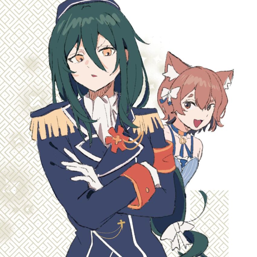 1boy, 1girl, androgynous, animal_ear_fluff, animal_ears, blue_choker, boutonniere, bow, brown_hair, cat_boy, cat_ears, choker, crusch_karsten, epaulettes, evefes0805, felix_argyle, green_hair, hair_between_eyes, hair_bow, lapels, medium_hair, notched_lapels, open_mouth, re:zero_kara_hajimeru_isekai_seikatsu, short_hair, smile, upper_body, yellow_eyes