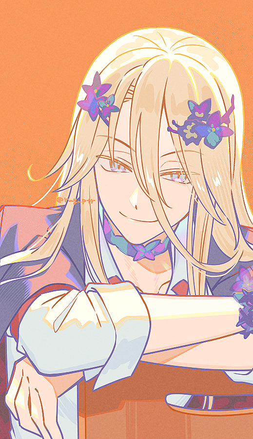 1boy, amatsuka_(fate), arm_rest, black_jacket, blonde_hair, blue_eyes, bracelet, chair