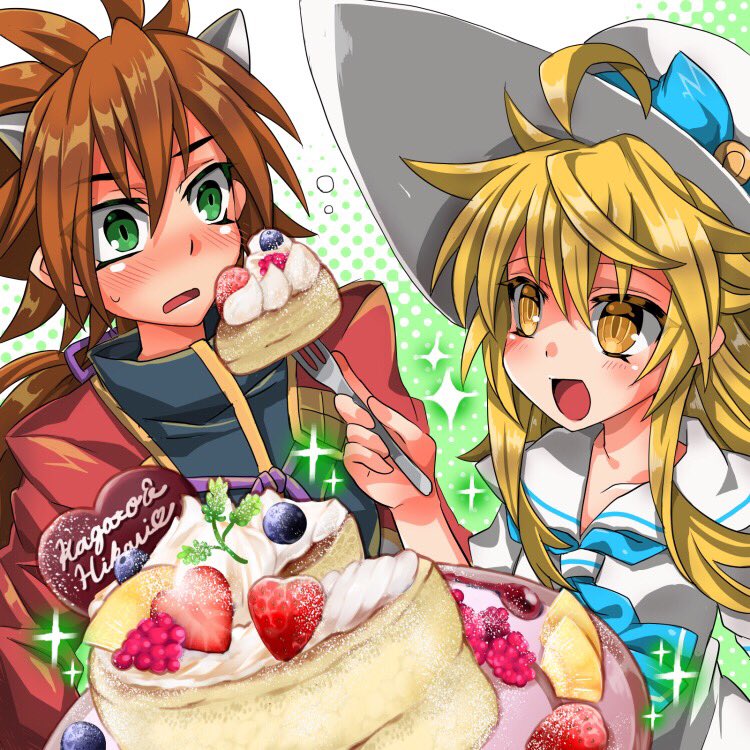 1boy, 1girl, ahoge, black_shirt, blonde_hair, blue_bow, blue_neckerchief, blueberry, blush, bow, brown_hair, candy, chocolate, chocolate_heart, commentary_request, cream, dress, feeding, food, fruit, gold_trim, green_eyes, hat, hat_bow, heart, heart-shaped_food, hikari_(shinrabanshou), horns, jacket, kagato_(shinrabanshou), katachi_yumiyuri, long_hair, neckerchief, open_clothes, open_jacket, open_mouth, pancake, plate, red_jacket, sailor_collar, shinrabanshou, shirt, short_hair, sparkle, strawberry, sun_hat, sweatdrop, upper_body, white_dress, white_hat, white_sailor_collar, yellow_eyes