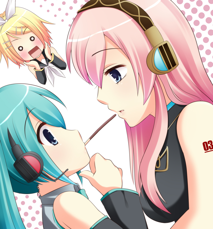 3girls, :o, aqua_hair, bare_shoulders, black_detached_sleeves, blonde_hair, blue_eyes, blush, breasts, collared_shirt, couple, detached_sleeves, dutch_angle, eye_contact, female_focus, food, hair_ornament, hairclip, halftone, hatsune_miku, headphones, headset, highres, kagamine_rin, large_breasts, long_hair, looking_at_another, mashiro_yuki, megurine_luka, mouth_hold, multiple_girls, o_o, open_mouth, pink_hair, pocky, pocky_kiss, shared_food, shirt, short_hair, sleeveless, sleeveless_shirt, sleeveless_turtleneck, surprised, tattoo, turtleneck, upper_body, vocaloid, yuri