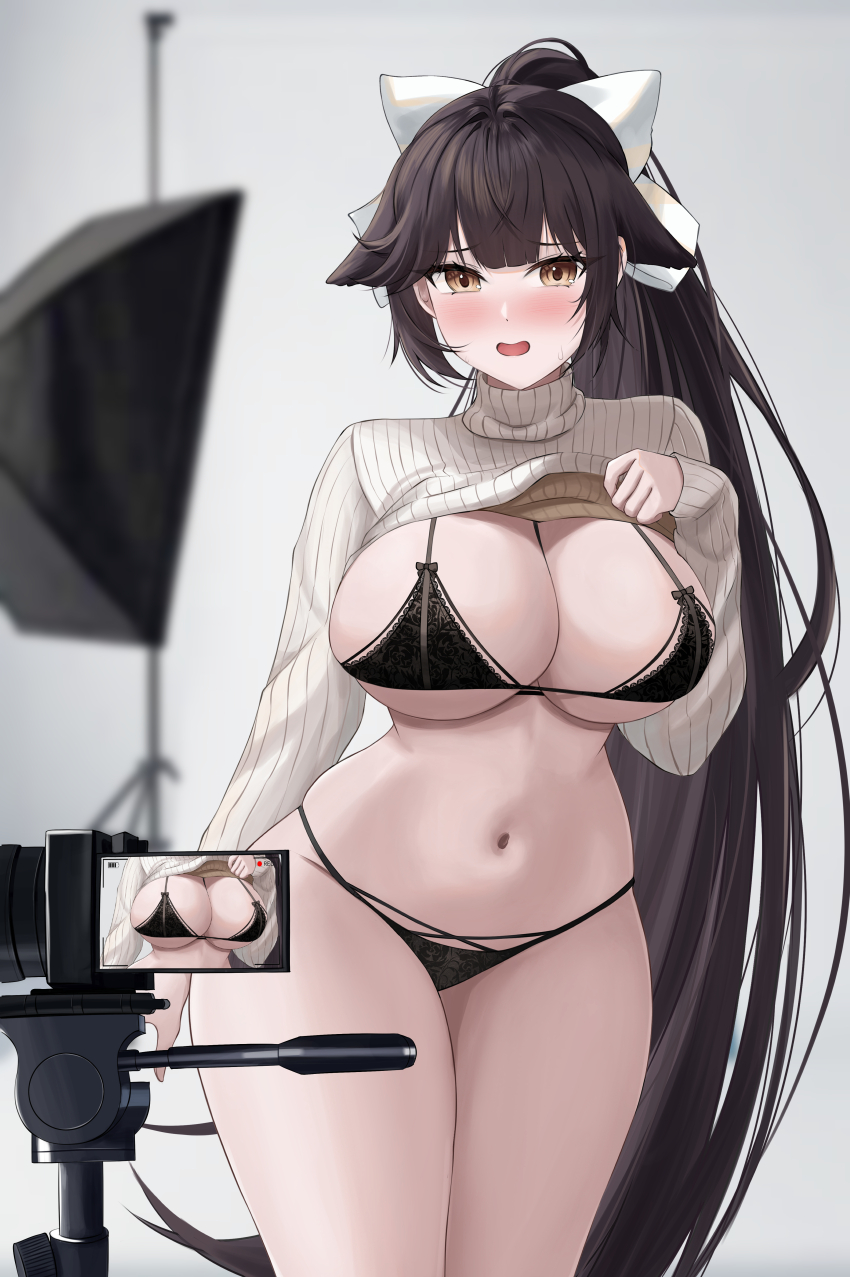 1girl, absurdres, animal_ears, azur_lane, backdrop, black_bra, black_hair, black_panties, blurry, blurry_foreground, blush, bow, bra, breasts, camera, cleavage, commentary_request, dog_ears, dog_girl, droopy_ears, hair_bow, high_ponytail, highres, large_breasts, long_hair, looking_at_viewer, modeling, navel, official_alternate_costume, open_mouth, panties, photo_shoot, ponytail, recording, reflector_(photography), shin69, simple_background, solo, stomach, sweater, takao_(azur_lane), takao_(inner_cultivation)_(azur_lane), underwear, very_long_hair, viewfinder, white_background, white_bow, yellow_eyes