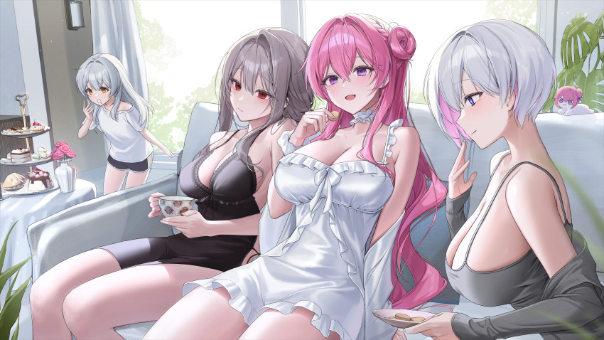4girls, absurdres, black_nightgown, black_shorts, blue_eyes, breasts, cake, cleavage