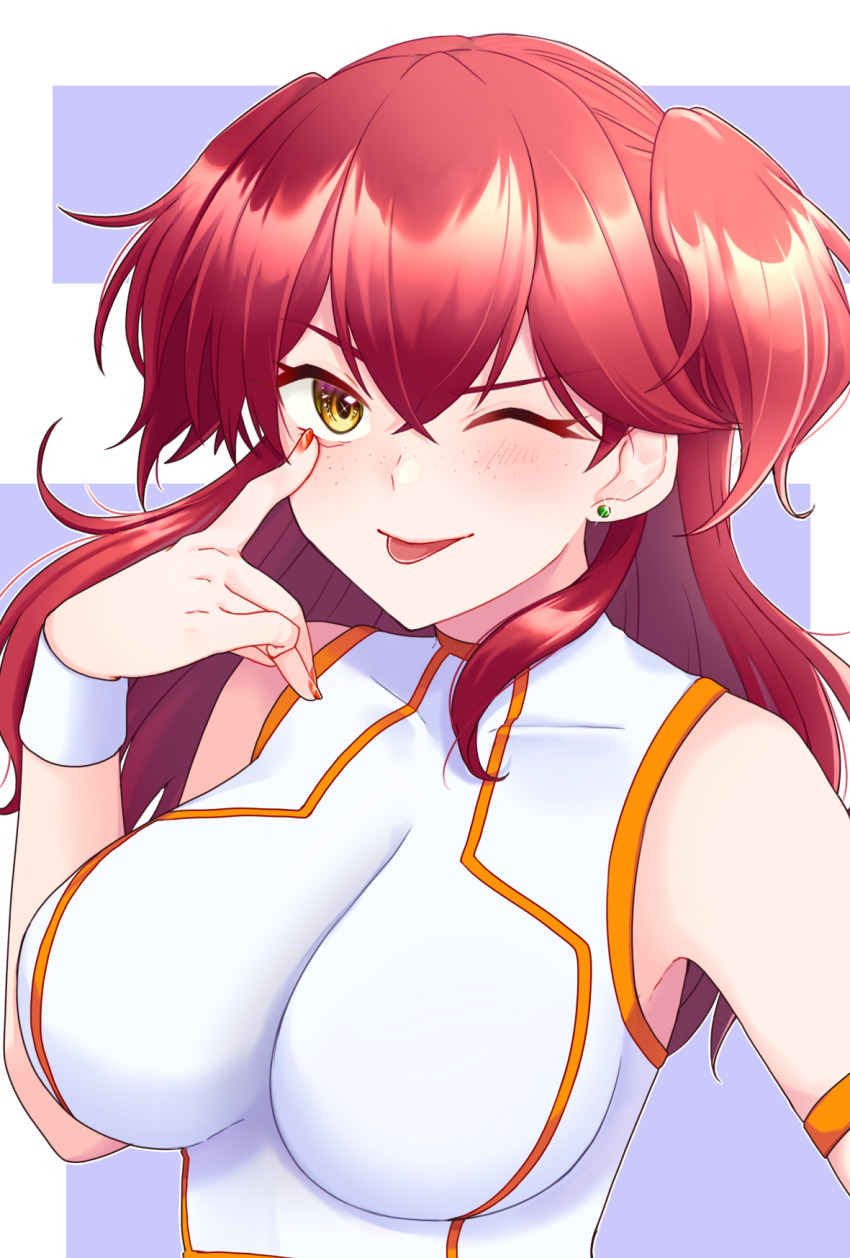 1girl, ;p, akanbe, arm_strap, bare_shoulders, breasts, commentary_request, covered_collarbone, crossed_bangs, earrings, eyelid_pull, freckles, gundam, gundam_00, hair_between_eyes, hand_up, highres, impossible_clothes, impossible_shirt, jewelry, large_breasts, long_hair, looking_at_viewer, nena_trinity, one_eye_closed, red_hair, red_nails, shirt, sidelocks, sleeveless, sleeveless_shirt, smile, solo, standing, stud_earrings, tongue, tongue_out, two_side_up, upper_body, white_shirt, wristband, yellow_eyes, yozora_(yaku)