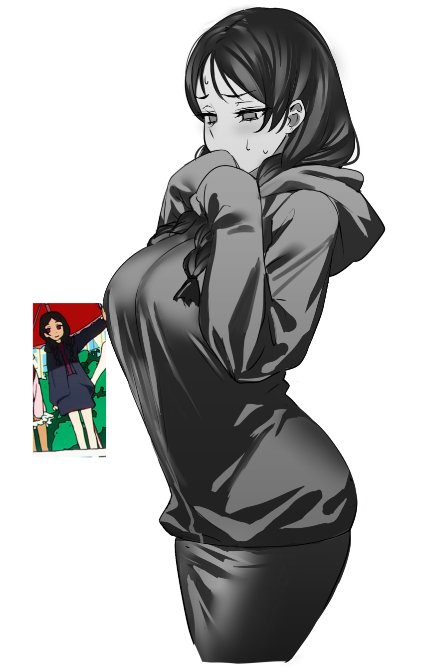 1girl, black_hair, braid, breasts, das_(dan_dan), fate/strange_fake, fate_(series), greyscale