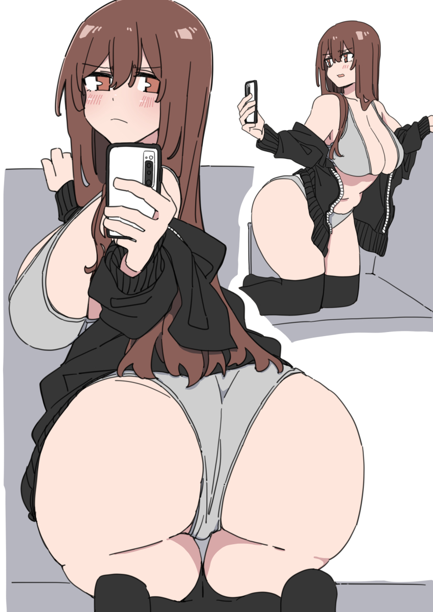 1girl, absurdres, ass, black_thighhighs, blush, breasts, brown_eyes, brown_hair, cellphone, comiket_107, commentary_request, durindana_7, grey_sports_bra, highres, jitome, large_breasts, midriff, original, phone, rina_(durindana_7), selfie, smartphone, sports_bra, thighhighs, unzipped, white_background